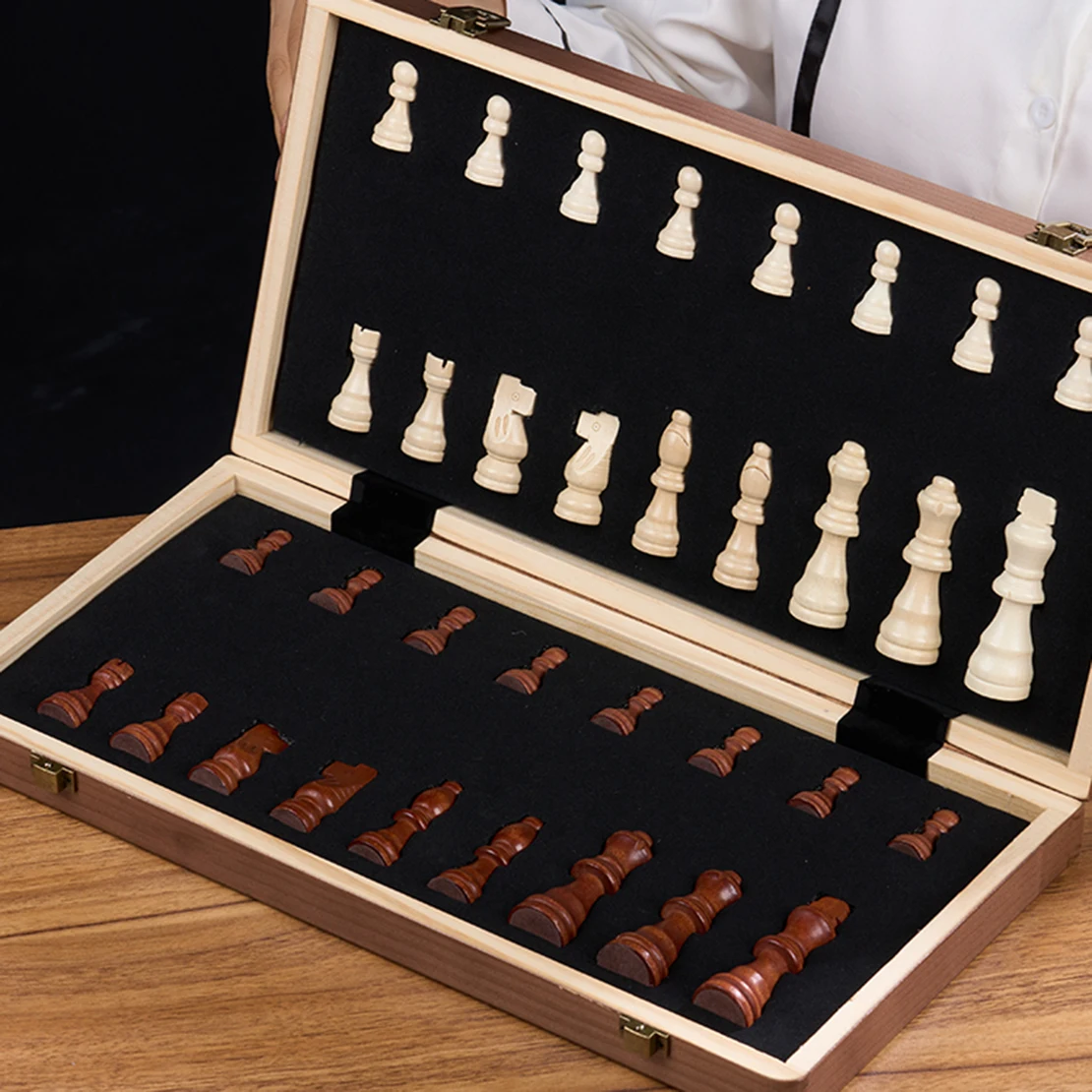 15' Magnetic Wooden Chess Game Set Folding Board Chess Pieces Storage Slots Chess Set for Beginners Kids Adults