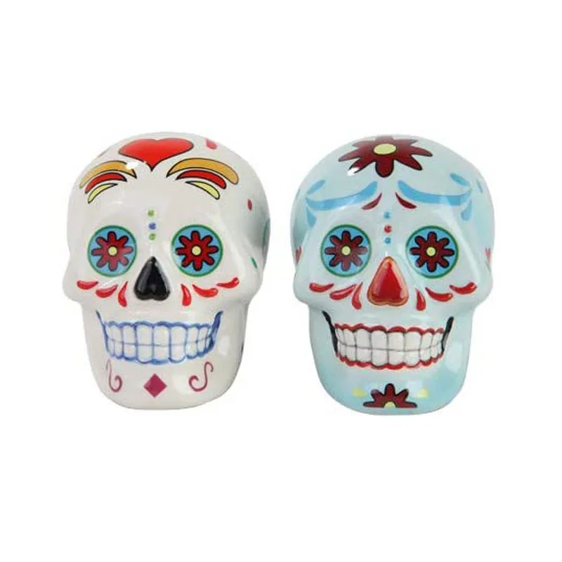 Day Of Dead Ceramic Skull Head Salt And Pepper Shaker Set For Kitchen