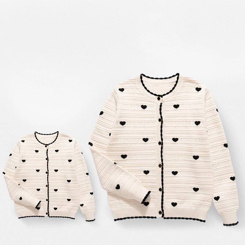 Custom Infant Long Sleeves Crew Neck Cardigan Winter Cotton Warm Knitted Sweater Adults Children Unisex Family Clothes