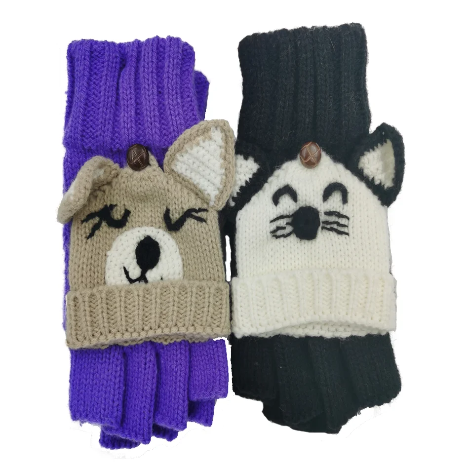 
Winter half finger writing knitted gloves Animal shaped jacquard gloves 