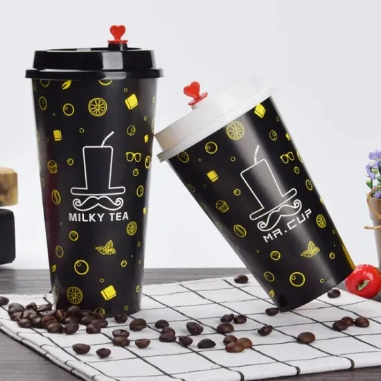 Thicken Disposable Milk Tea Coffee 12oz/16oz/22oz Black Creative Birthday Party Hot Drink Paper Cups with Cover