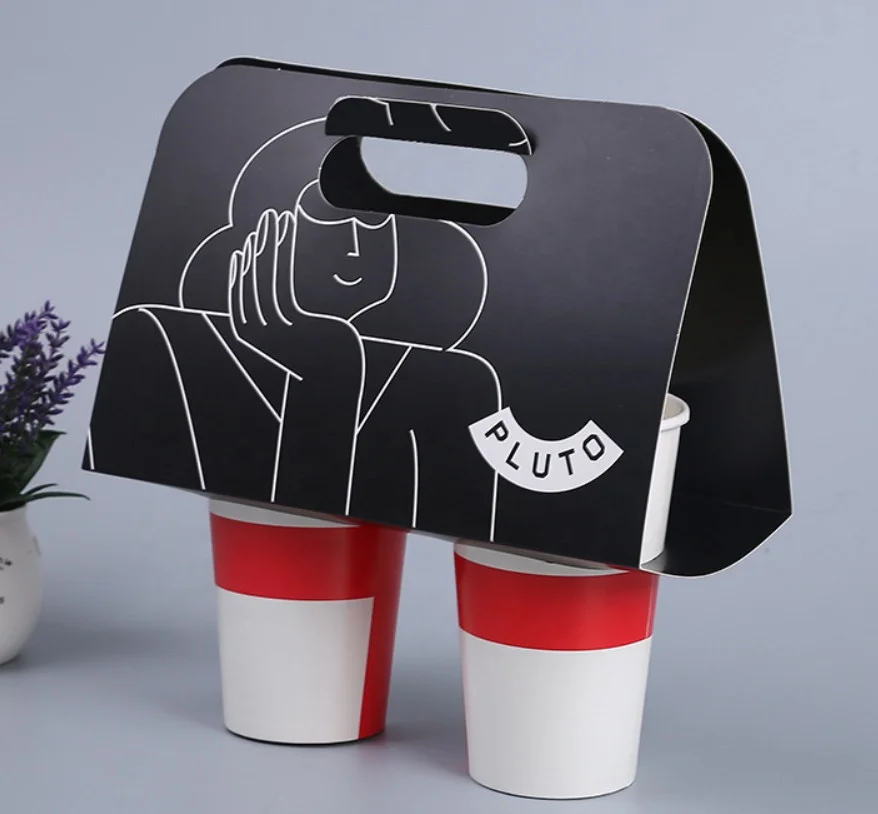 2 Cup Carrier Kraft Paper Cup Carrier Tray Take away Boba Tea Coffee Packaging Cup Carrier Paper Holder  Disposable