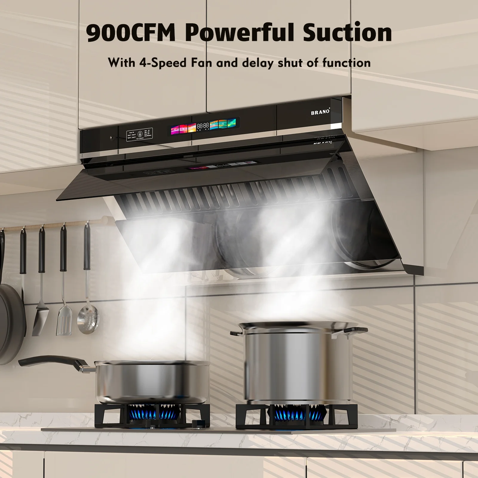 BRANO Multi functional control range hood with unique side design. Range hood under cabinet