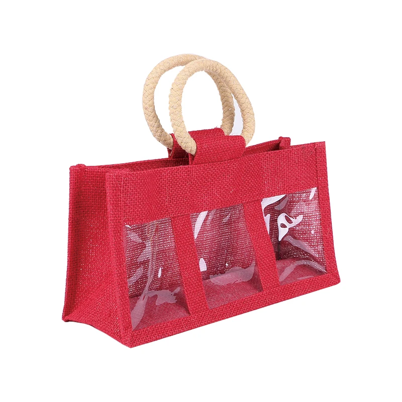 Custom Print Burlap Jute Jar Bag Wine Jute Bag Tote Red Color with Clear PVC Window