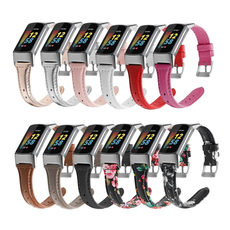Сменный ремешок для смарт-браслета Fitbit Charge 5 тонкий часов из натуральной кожи с цветочным принтом
