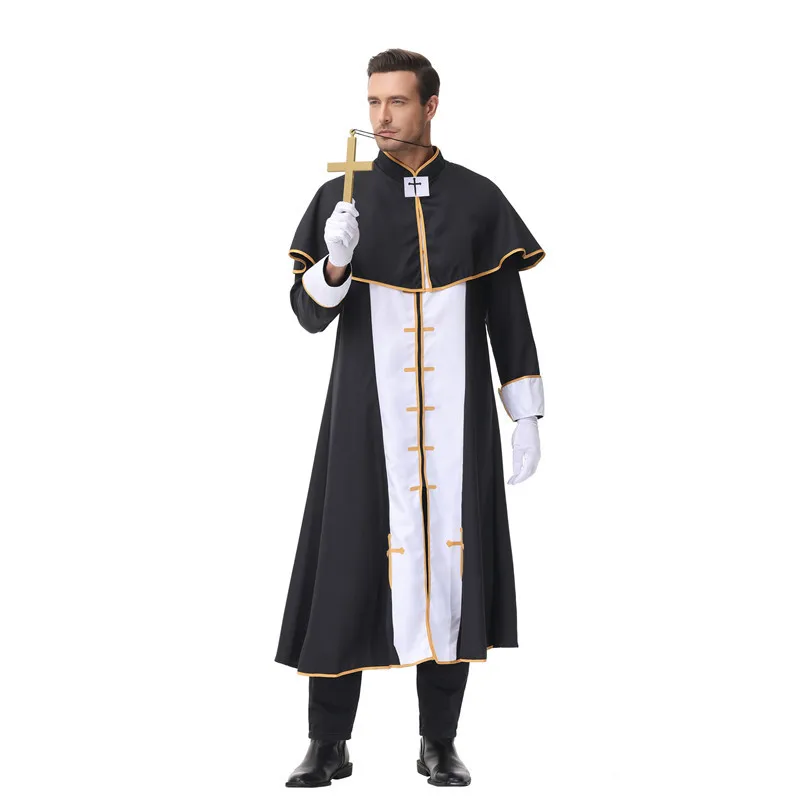 2024 Fancy Religious Pastor Cosplay Black Noble Priest Father Robe Halloween Party Clothing Adult Medieval Costume for Men