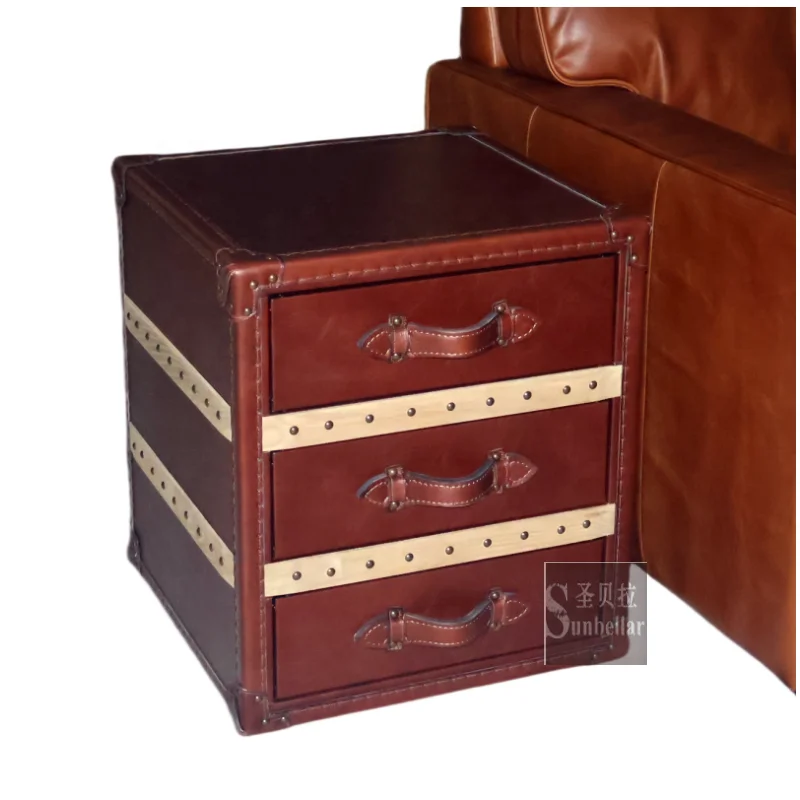 vintage genuine leather bedside night stand with 3 drawer side table chests cabinet bedroom night stand home furniture