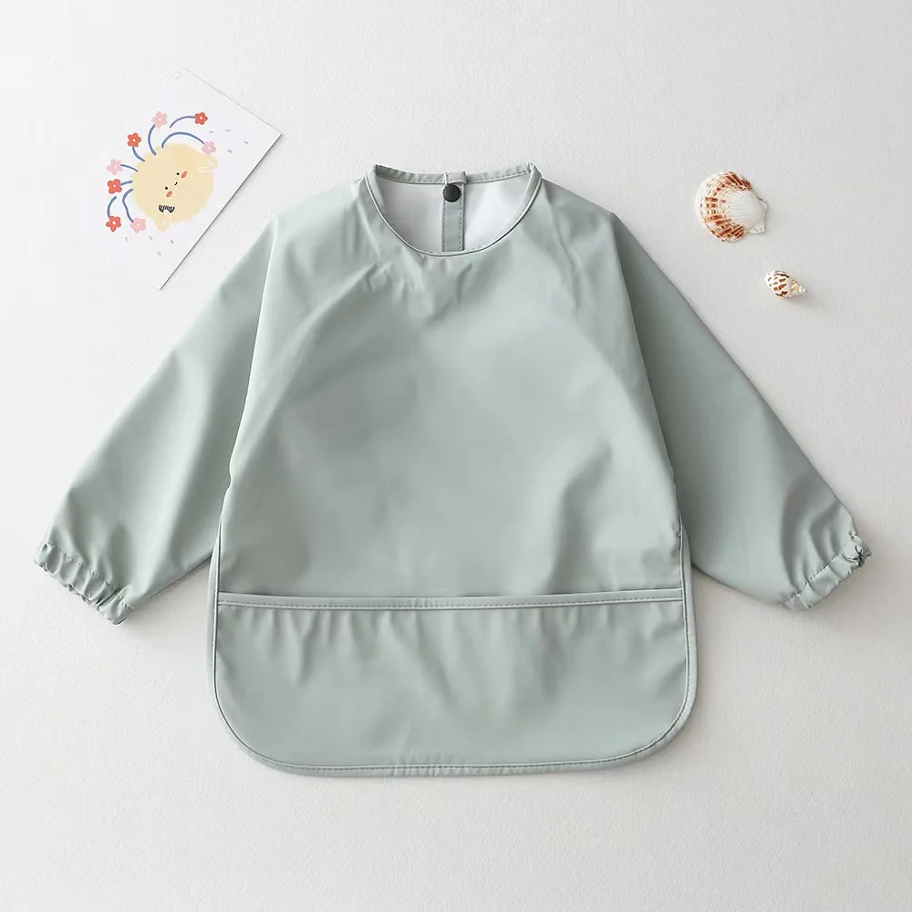 Large Neutral Colors Multifunction PU Bibs Set Baby Feeding Organic Sleeved Baby PU Bibs Apron