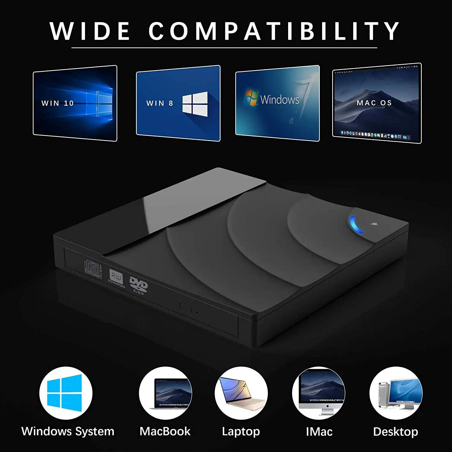 
Raycue USB 3.0 and Type C External DVD CD Player CD-RW Burner and Reader 