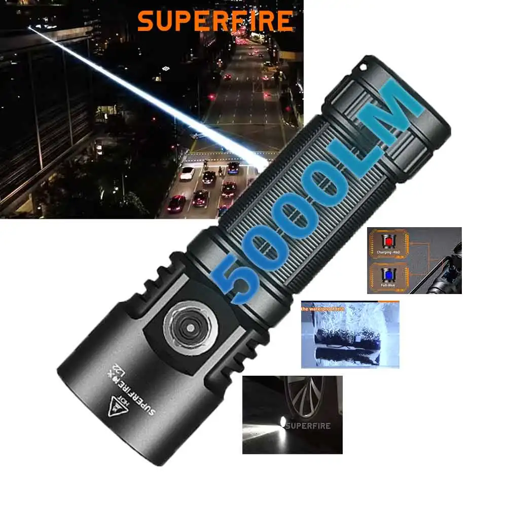 5000 High lumens super bright 60w flashlight L22 Powerful Rechargeable Flashlight Torch long run time for outdoor working