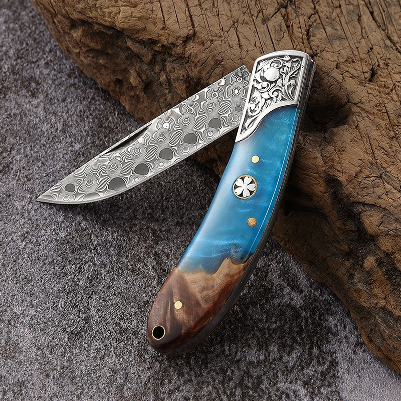 Free Sample High Quality 3.15 Inch  Damascus Blade EDC Pocket Folding Knife With Resin Rose Wood Handle For Hunting Camping