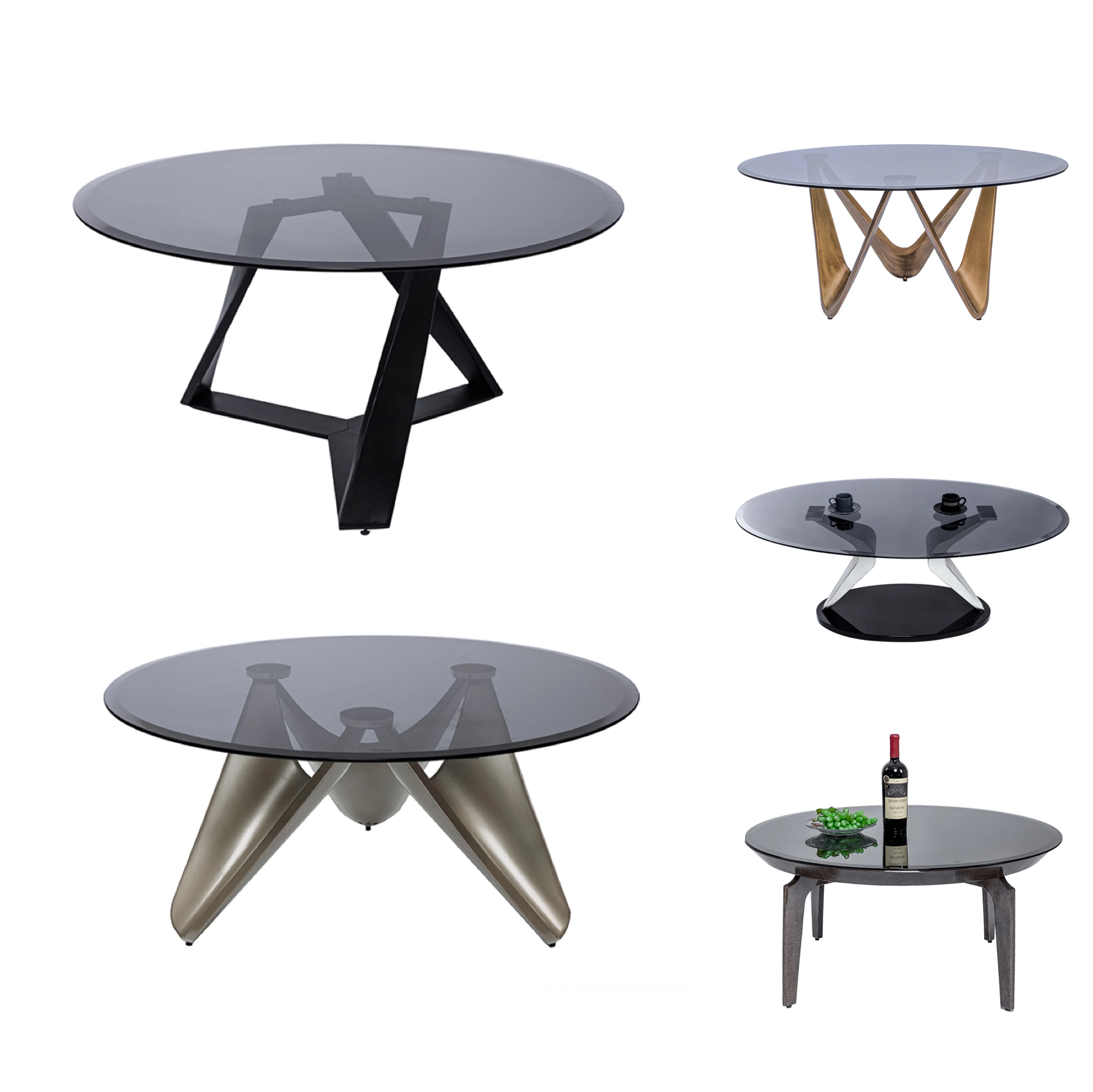 
Modern Classic Art Design Living Room Furniture 2 Piece Black Gloss Glass Top Gold Metal Base Big Round Centre Coffee Tables 