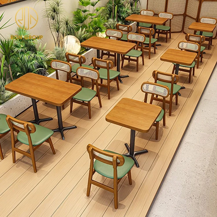Custom natural square oak Coffee Shop fast food Commercial Furniture Solid metal cafe Wood wooden Restaurant table and chair Set