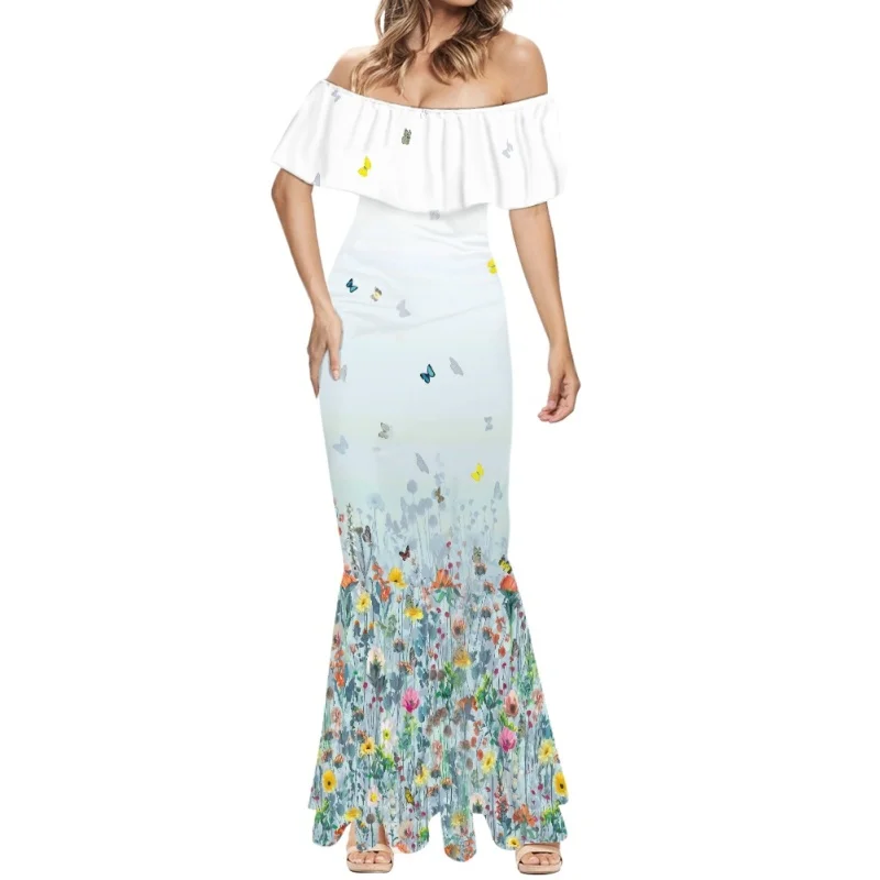 Personalized Watercolor Design Women Dress Wholesale Comfortable Breathable Clothing Sexy One-Shoulder Fishtail Dress For Women