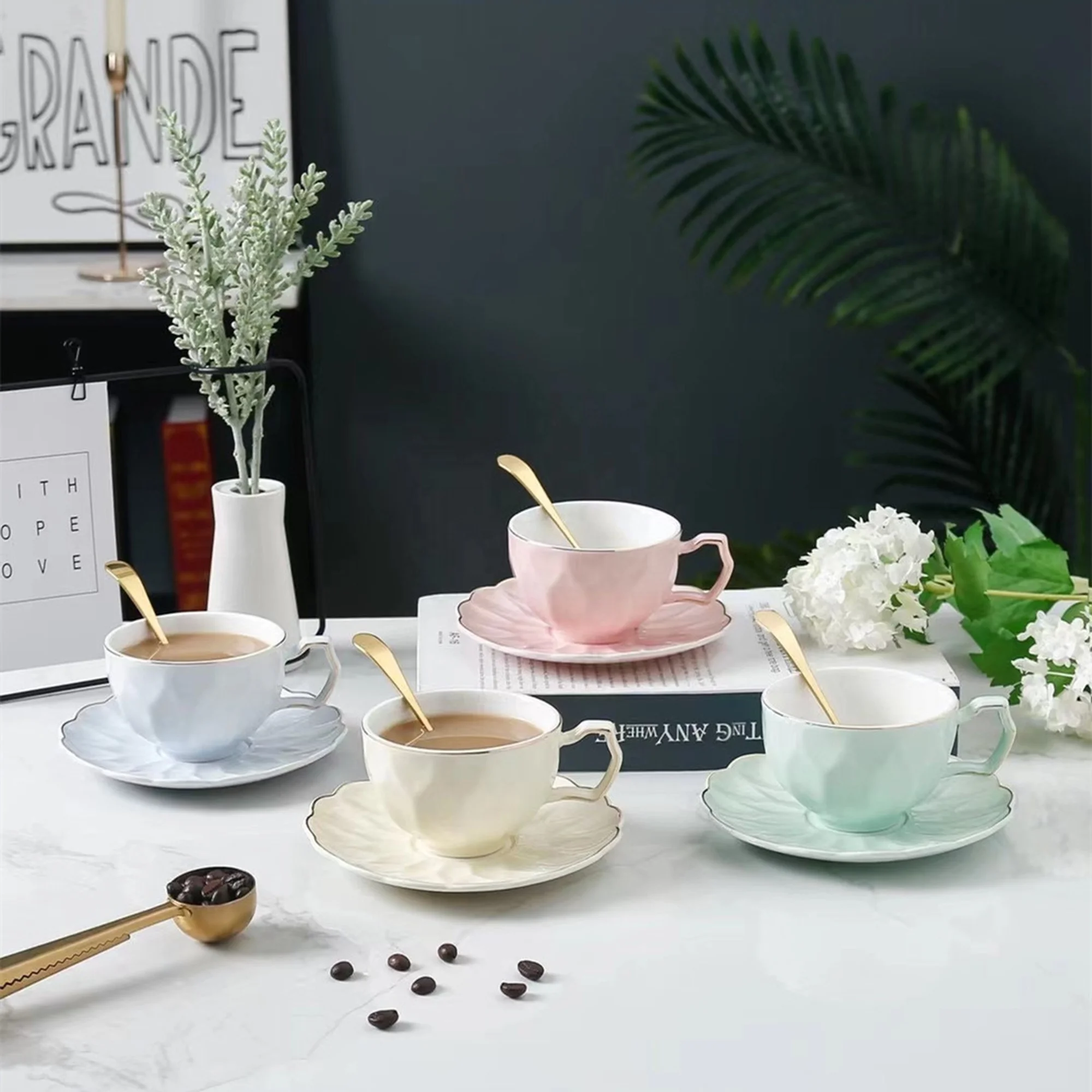 Wholesale Multi-color Vintage Tea Cup with Spoon 200 ml Coffee Cup with Saucer, Porcelain Tea Cup for Espresso, Cappuccino