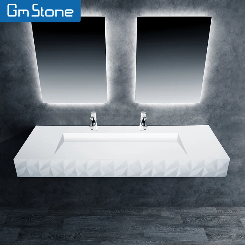 Modern Elegant Rectangular Diamond edge Artificial Stone Solid Surface Sink New Sanitary Hand Wash Wall-Hung Resin Material