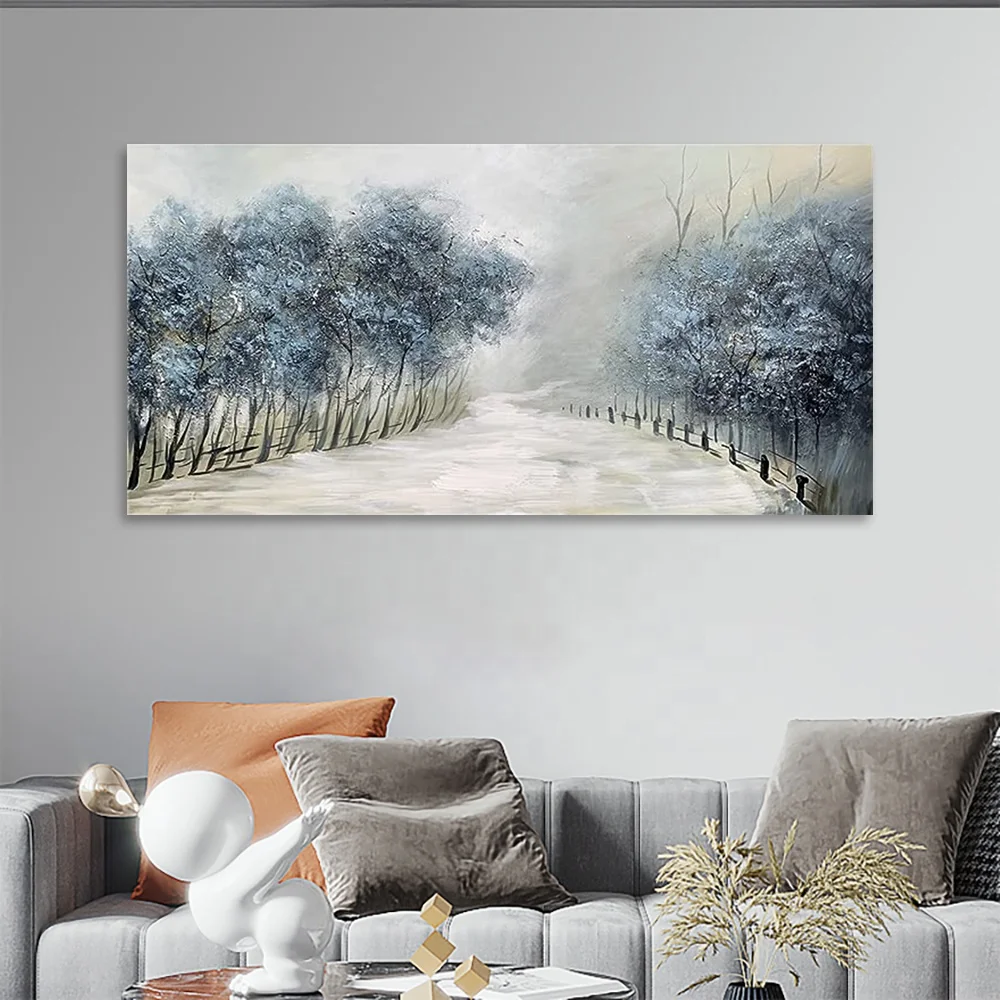 Winter snow landscape hand-painted wall art Blue tree oil painting rural natural art works living room bedroom home decoration