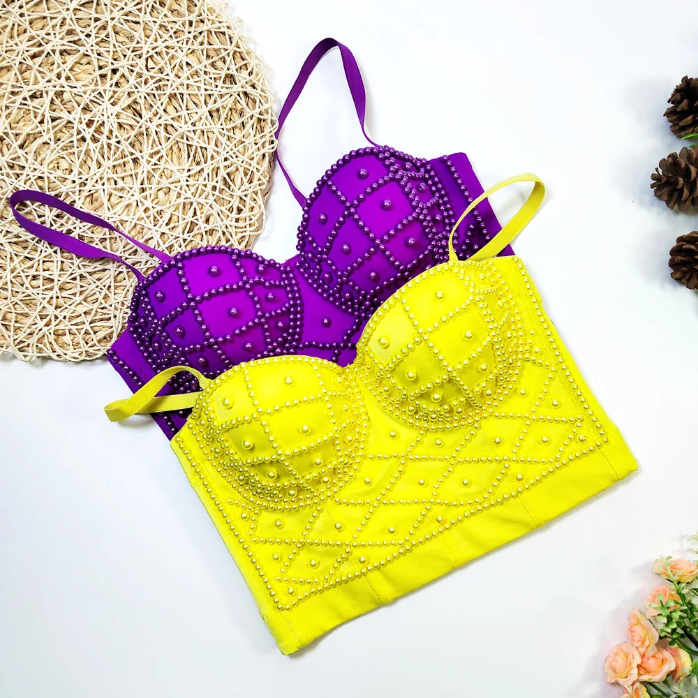 High Quality Manufactory Handmade Women Ladies Straps Crop Boning Padded Corsage Corselet Bustier Pearl Corset Top With Beads