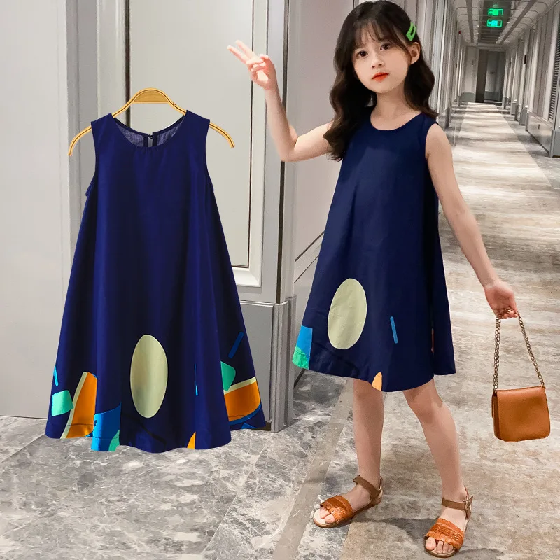2022 Fashion Kids Circle Printed Sweet Loose Dress Children Girls Korean Summer Sleeveless Hot Sale A-line Casual Dress