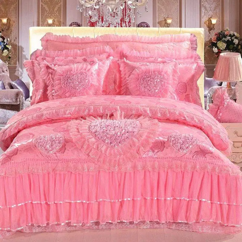 New style Embroidery Wedding Bedding set Princess Girl Lace Sheet Red Pink Color Wedding Comforter set