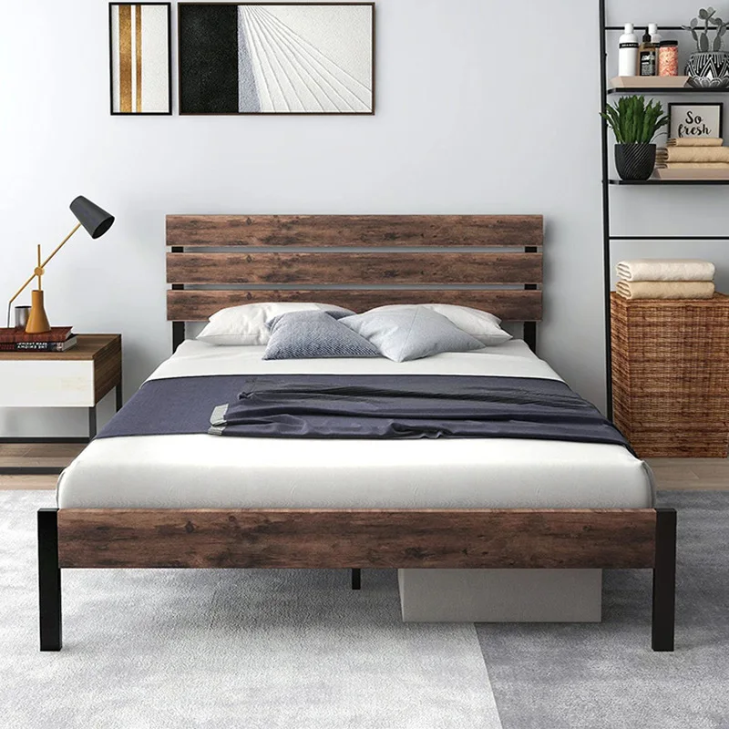 Kainice Rustic Style Queen Size Platform Metal Bed Frame With Wooden Headboard And Footboard Strong Slat Support