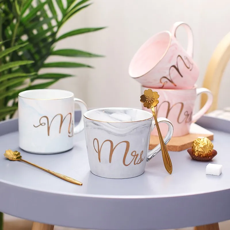 Mr and Mrs Coffee Mugs, 10 Oz Ceramic Marble Coffee Cups for Bride & Groom / Husband & Wife
