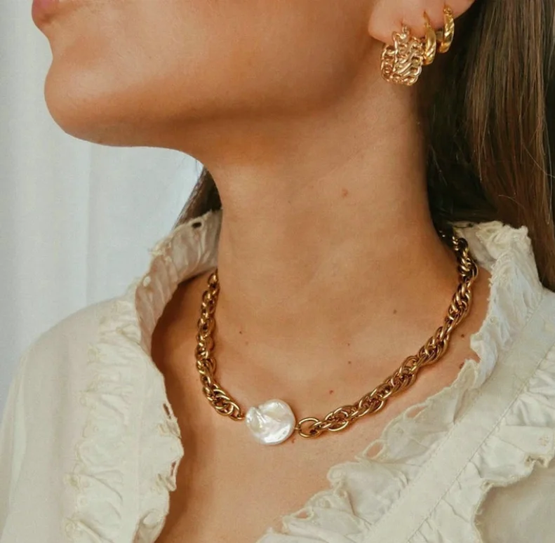 Vintage Baroque Pearl Chain Choker 18k Gold Plated Stainless Steel Statement Thick Chunky Bold Chain Pearl Necklace Jewelry