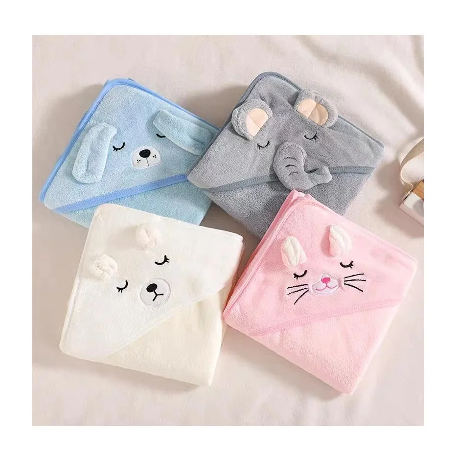 Custom Promotional Soft Absorbent Microfiber Velvet Coral Fleece Animal Pattern Kids Baby Hooded Bath Towel
