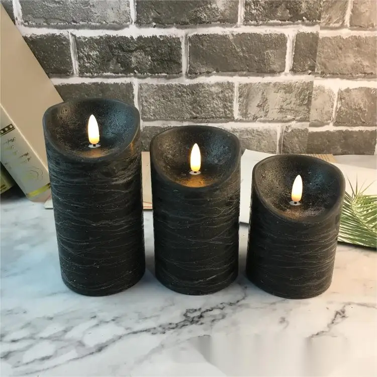 Electric Wickless Pillar Battery Operated Flickering Timer Set of 3 Realistic Flameless Black LED Candles with Remote Control