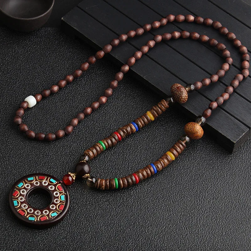 Nepalese Handmade Necklace Jewelry Nepal Buddhist Mala Wood Beads Pendant Necklace Ethnic Fish Horn Long Statement Necklace