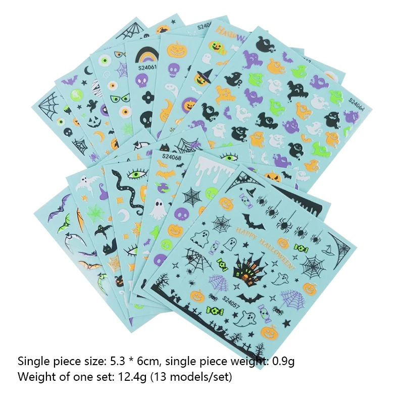 13 Sheets Neon Fluorescent Halloween Nail Art Stickers Self Adhesive Fantasy Cartoon Nail Stickers for Girls Party DIY Deco