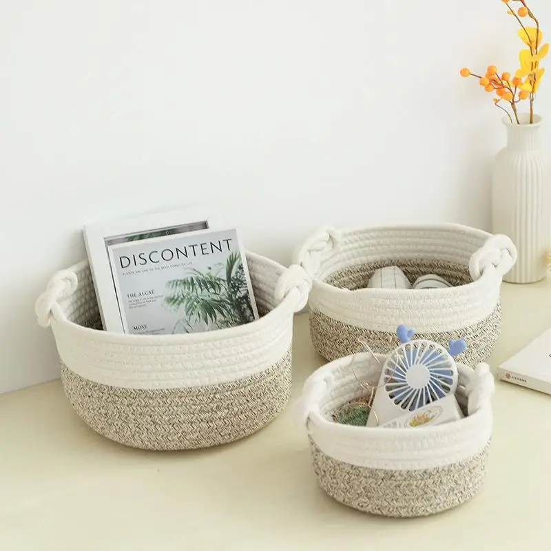 Small Cotton Rope Woven Storage Basket for Organizing for Bathroom Nursery Decorative Basket Organizer Bins Set of 3