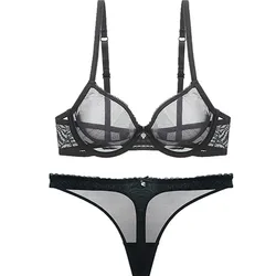 Ultra-thin Cup Mesh Lace Underwear Transparent Unlined Plus Size Bra Set Bow or Bunny Thong Panties Lingerie Wedding Underwear