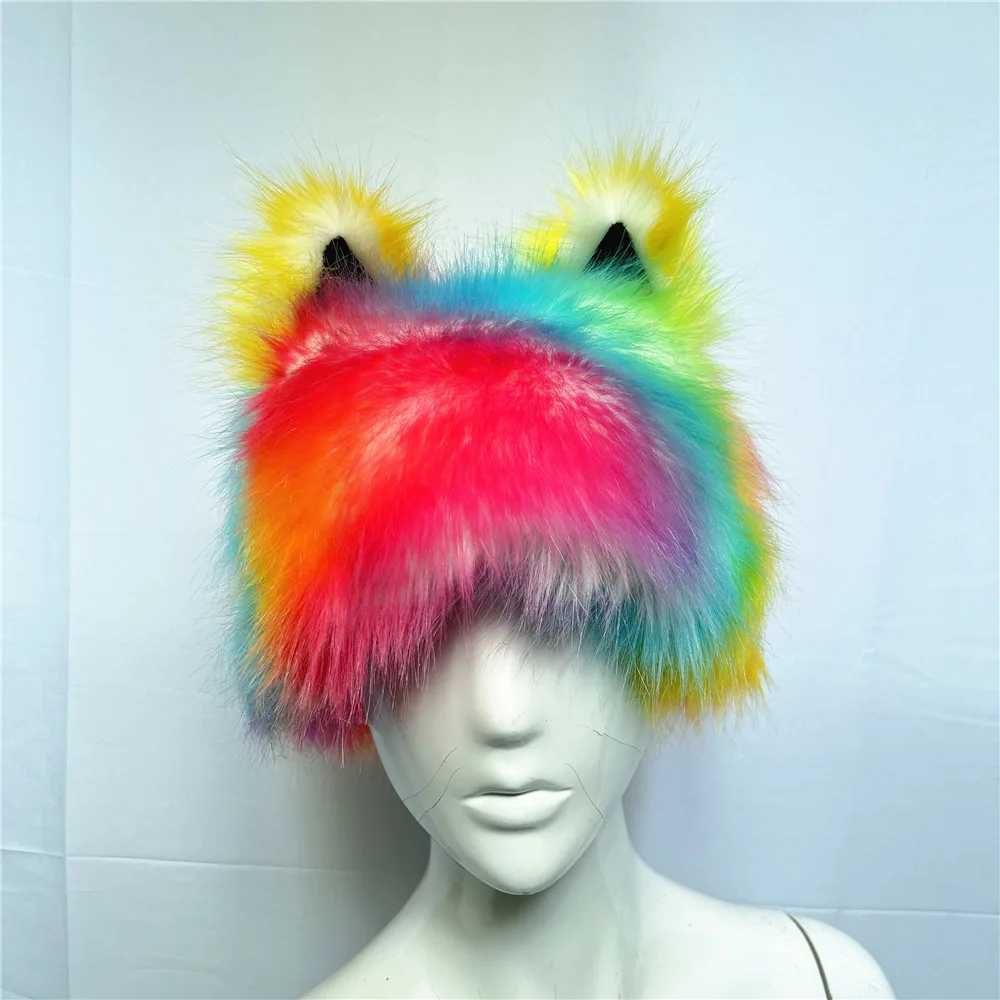 Women Men Color Blocking Cat Ears Faux Fur Bucket Hat Fuzzy Plush Warm Soft Animal Shape Colored Fox Fur Winter Hat