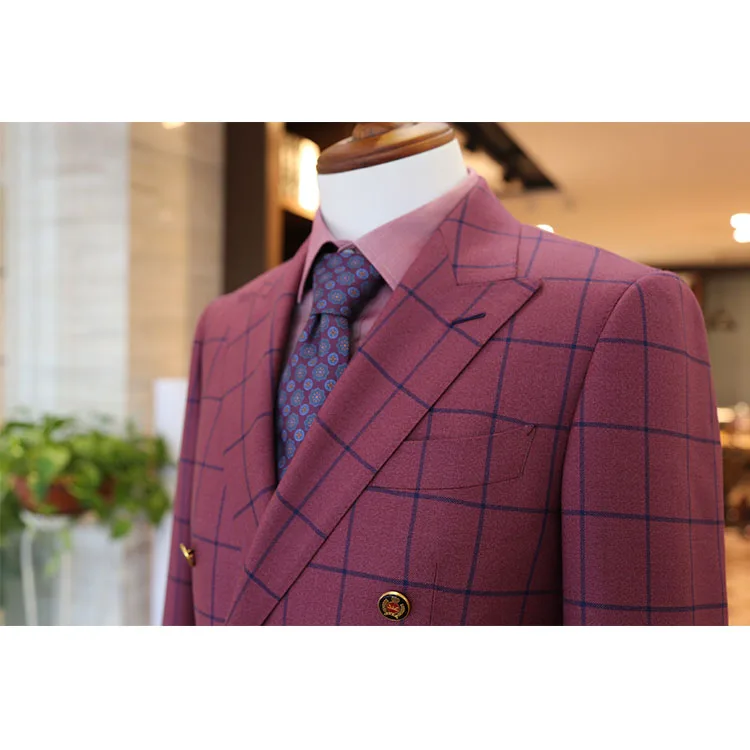 MTM deep pink purple blue check fashionable in trend check plaid double breasted party for wedding slim fit suit blazer men