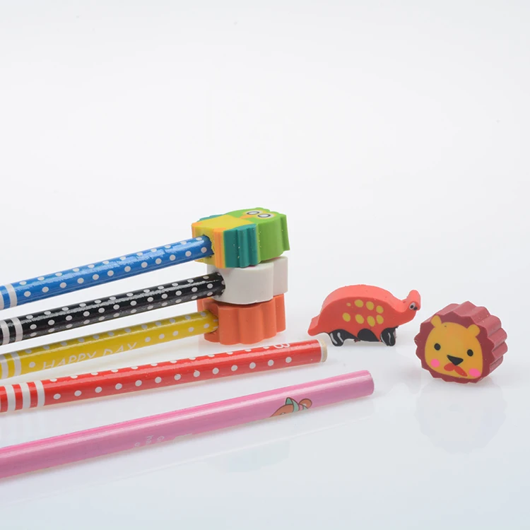 3D Cartoon Animal Topper Eraser School Pencils with Logo Custom Printed,HB Lead Black Cute Pencil School with Eraser