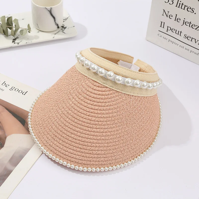 Woman Girl Summer Pearl Straw Visor Cap Empty Top Clip Hat Beach Cycling Golf Sun Protection Hat Korean Japan Fashion Visor Caps