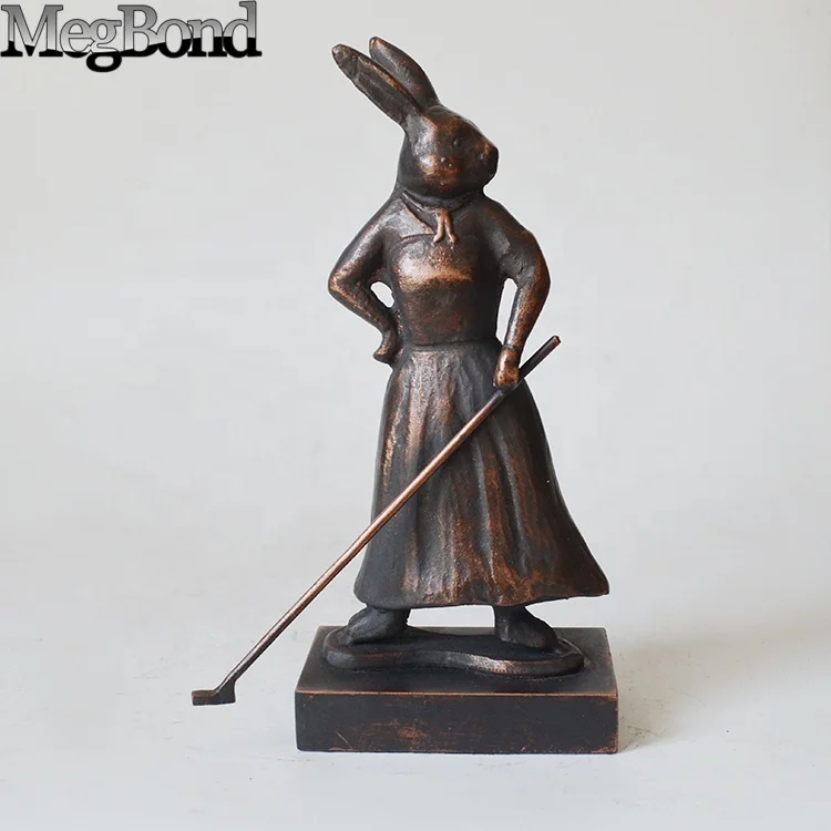 elegant lady rabbit golfer statue, Cute metal table top decoration