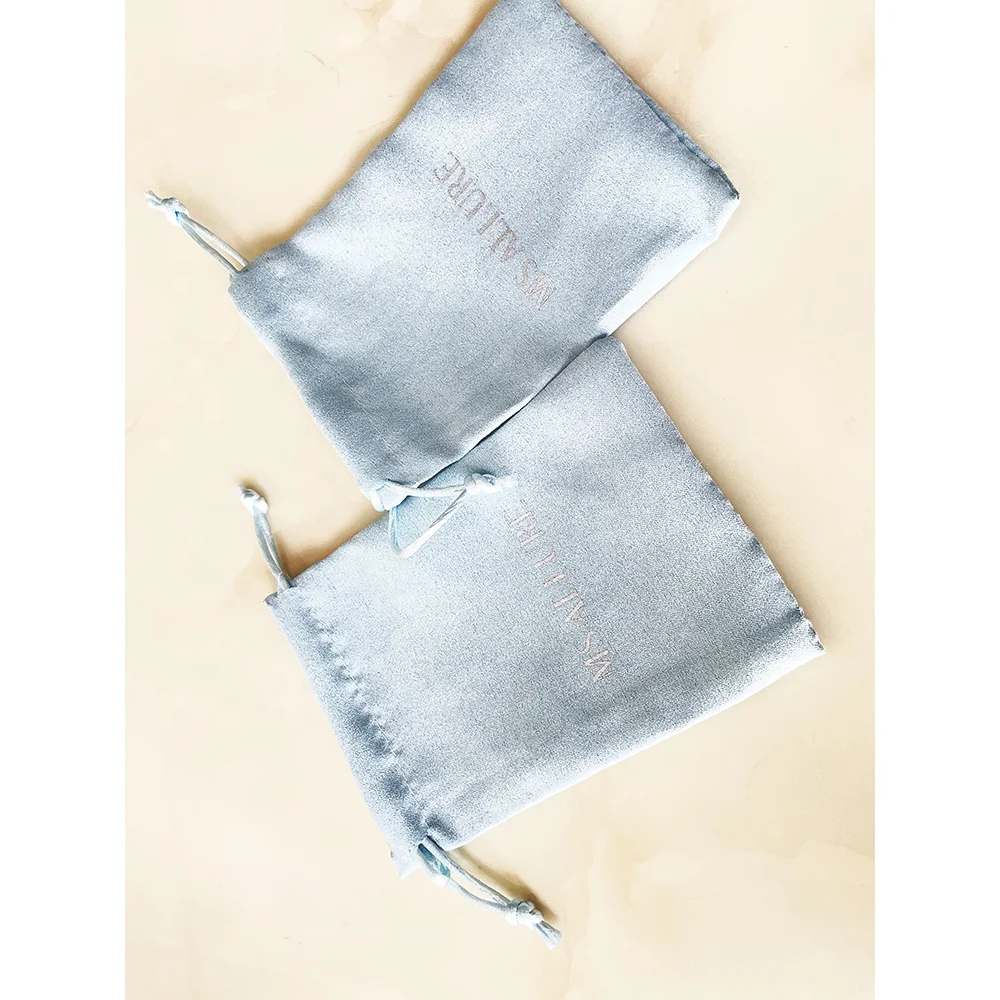 Custom Logo light blue Velvet Suede Jewelry Bag Gift Packaging Drawstring Pouch with silver printing