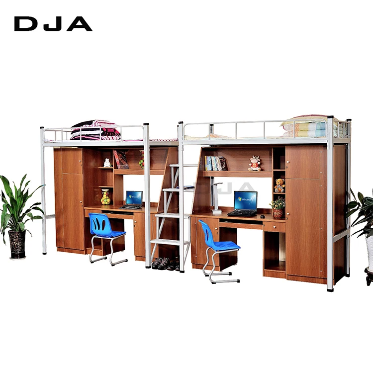 wholesale metal dormitory school bunk bed double sized with desk and combination wooden furniture for students learning