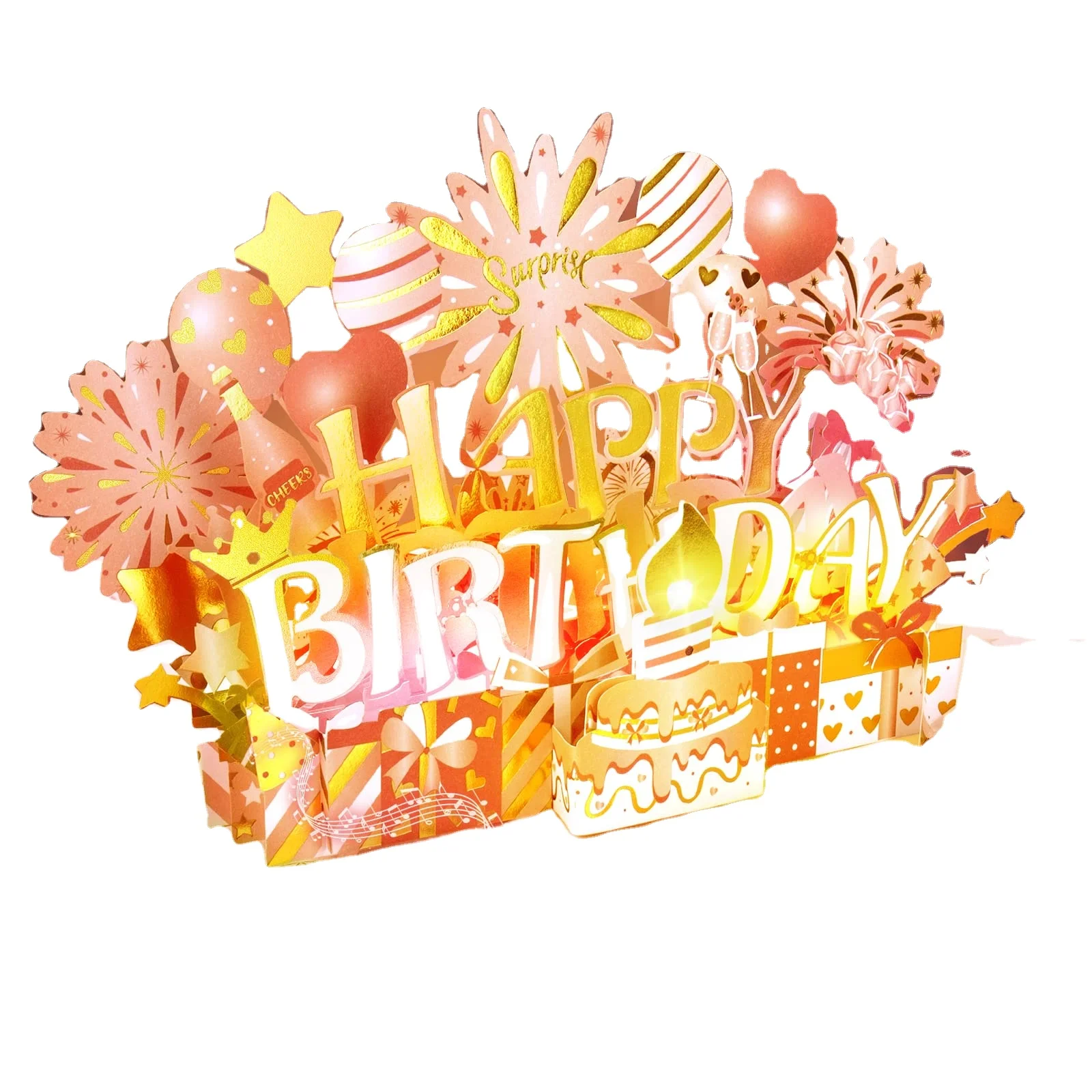 Pop Up Happy Birthday Card Blowable LED Candle Light and Music Birthday Gifts for Women Mom Wife Rose Gold Birthday Cards