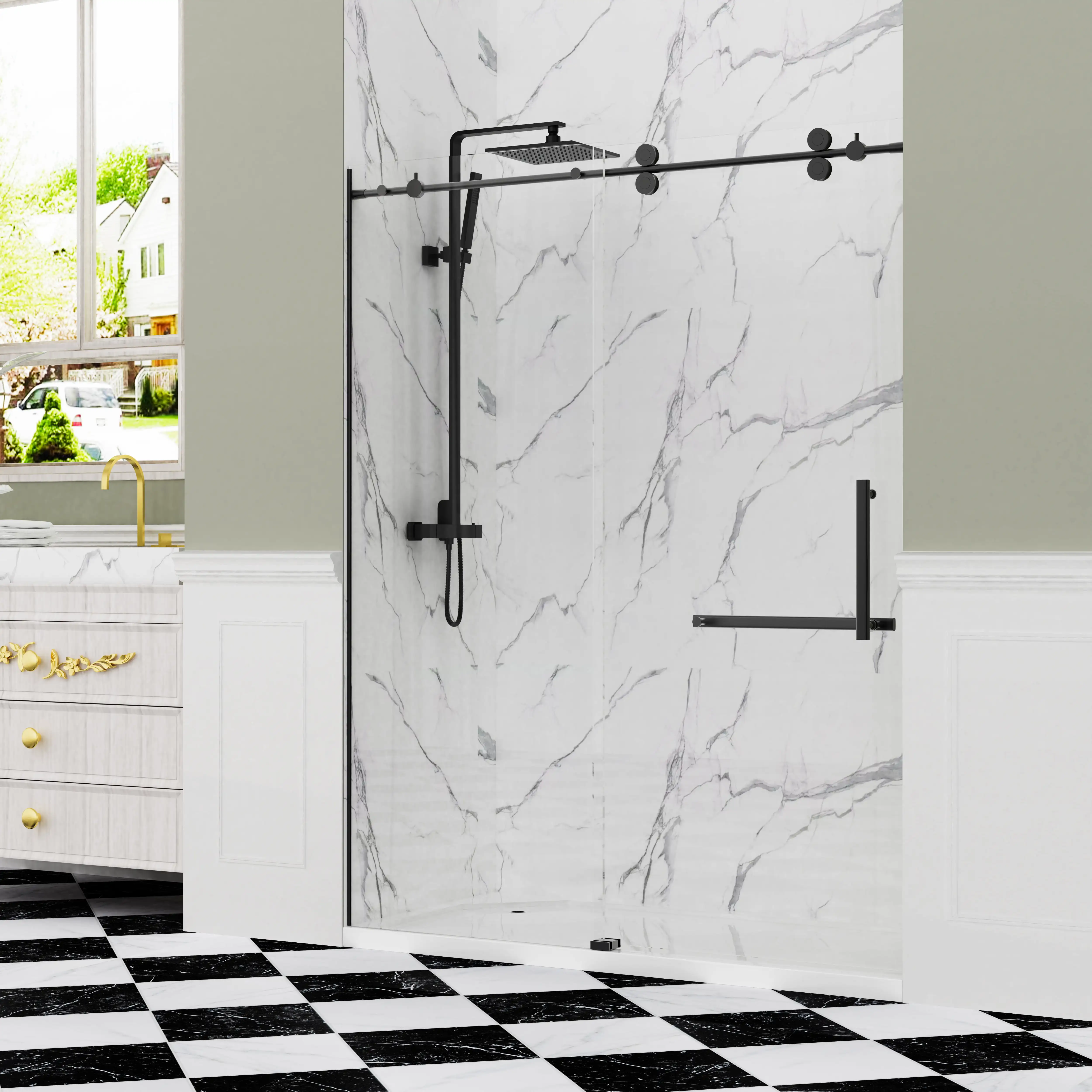 Walk-In Bathroom Semi-Frameless Black Chrome SGCC Tempered Glass Bypass Sliding Shower Door With 3/8 5/16 inch Thickness