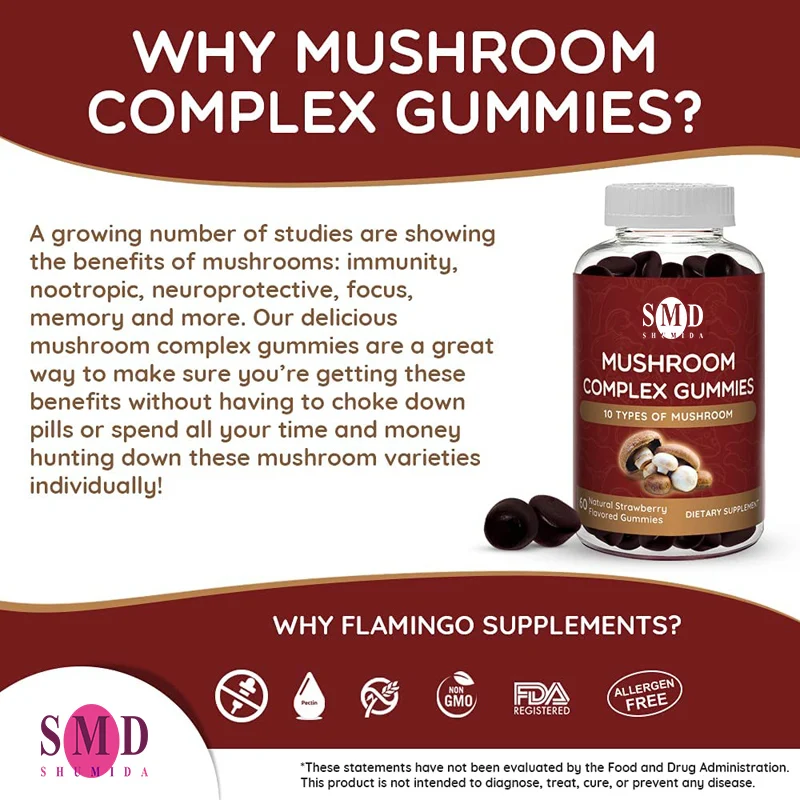 
OEM cumstom Mushroom Complex Gummies Vegan Nootropic Mushroom Supplement Naturally Flavored Gummies 