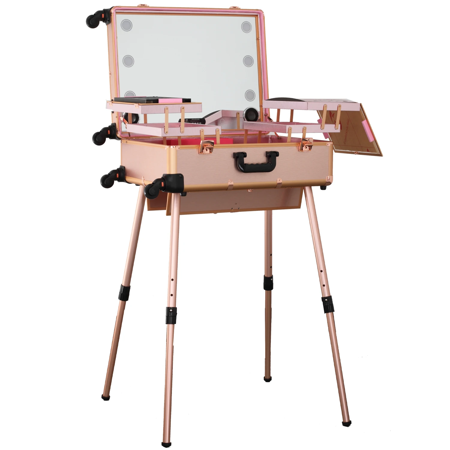 Keyson Pink Professional Trolley Beauty Case On Wheels Aluminum Makeup Train Case Trolley Professional Rolling Train Case