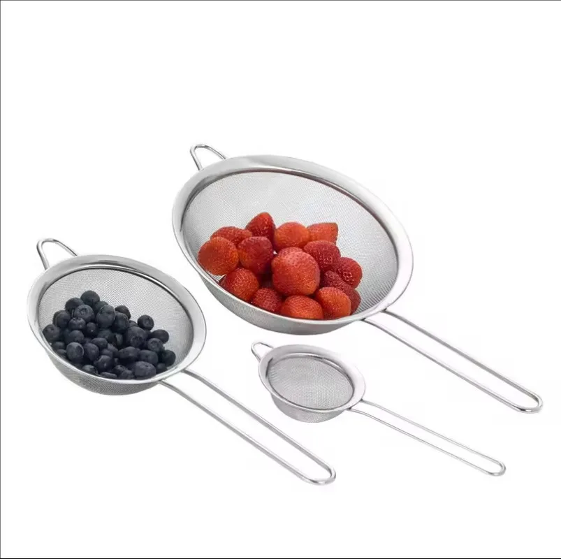 Hot Sale Stainless Steel Wire Flour Sifter Filter Screen Oil Skimmer Milk Water Sieve Handle Fine Mesh Strainer