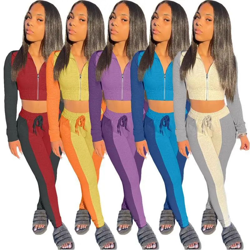 new EB-20110505    Track suits woman sport tracksuit patchwork zipper crop top sportswear ladies 2 piece set women