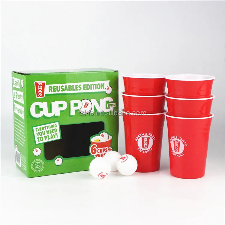 Beer Pong Cup Set with Funny Challenges, 20 Reusable Red Cups & 6 Ping Pong Balls