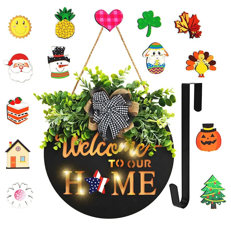 Interchangeable Welcome Sign For Front Door Decor Spring Summer Wood Wreath Icons All Seasons Welcome Wreath Porch Hanging
