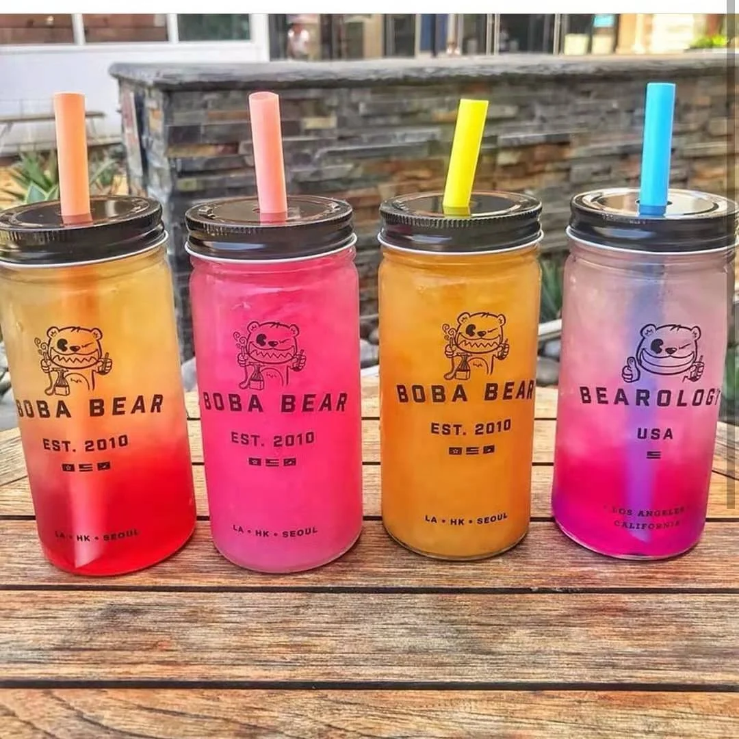500ml 16oz Custom Logo Printing Glass Boba Mason Jar Fresh Juice Bubble Milk Tea Tumbler Glass Jar with Straw Lid