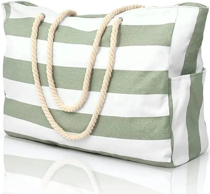wholesale Large blue white Striped beach bag big Cotton Canvas Shoulder Beach Tote Bag with Cotton Rope Handle